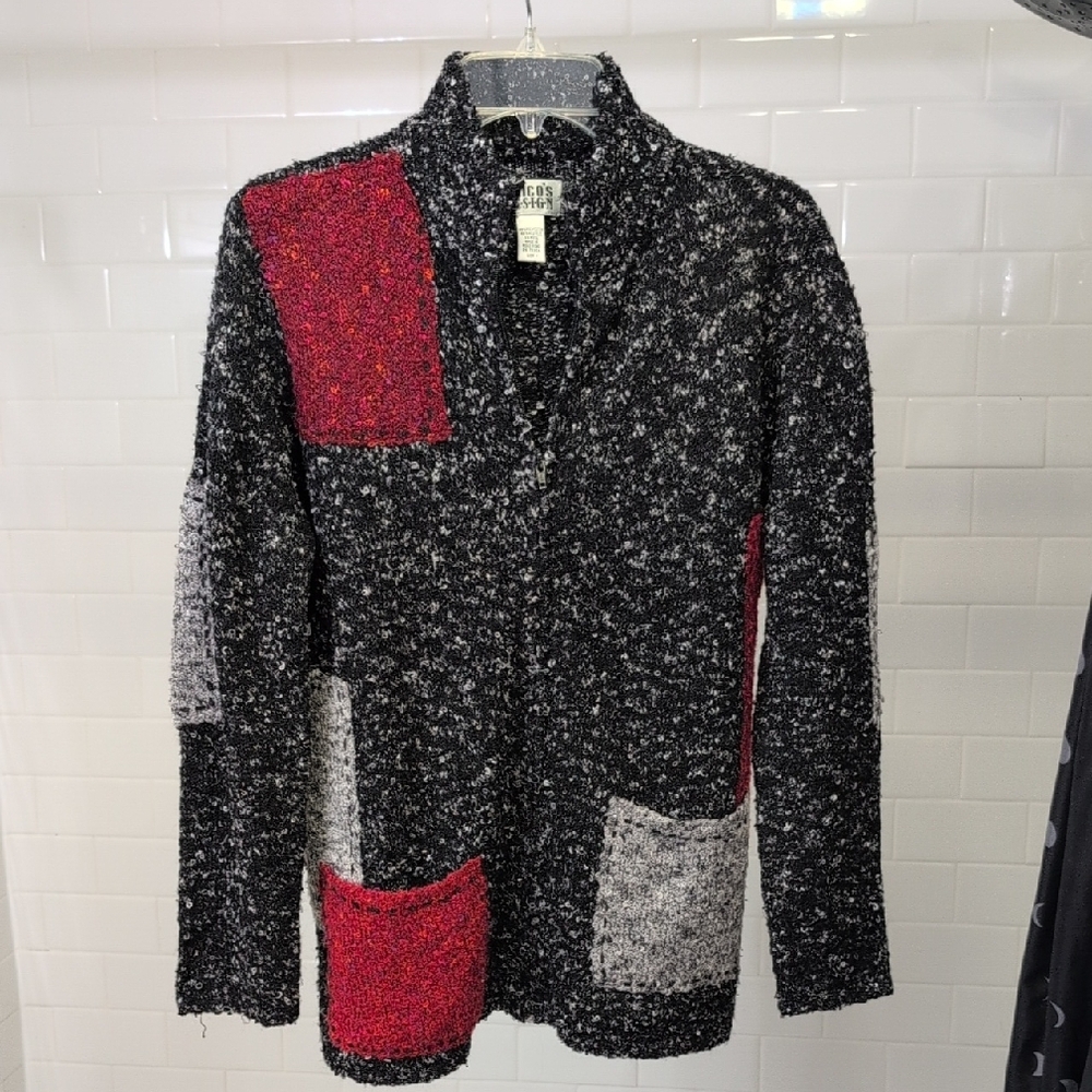 Chic Black and Red Patchwork Zip Up Cardigan